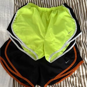 Nike Women's Neon Yellow and Black and Orange Dri Fit Athletic Shorts
